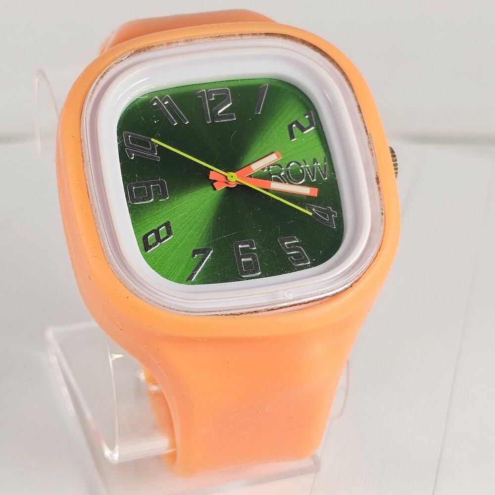 Crow Lush Quartz Watch Green Dial Orange Silicone Band 44mm Case New Battery